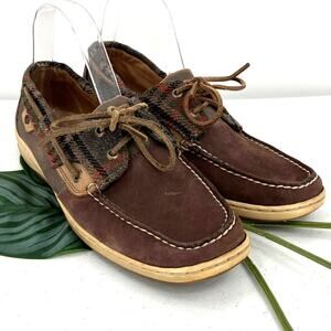 Sperry Top-Sider Green Red Plaid Leather 2 Eye Lace Up Loafers Boat Deck Shoes